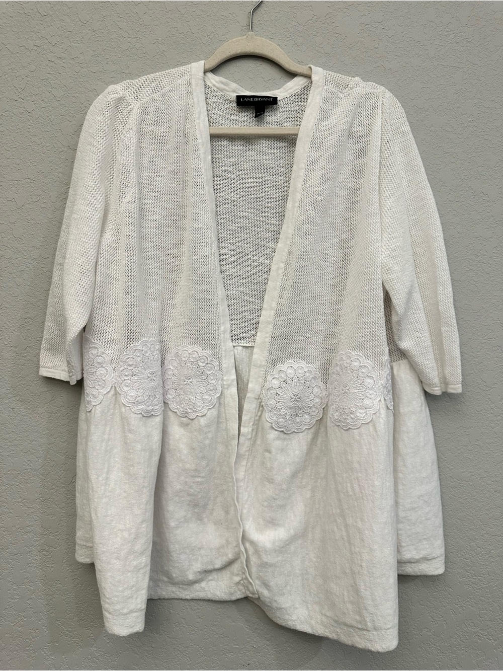 Lane Bryant White Crochet Medallion Open-Front Cardigan